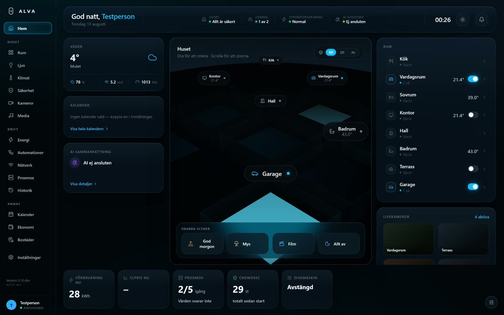 Alva dashboard showing the 3D house, room controls and live status